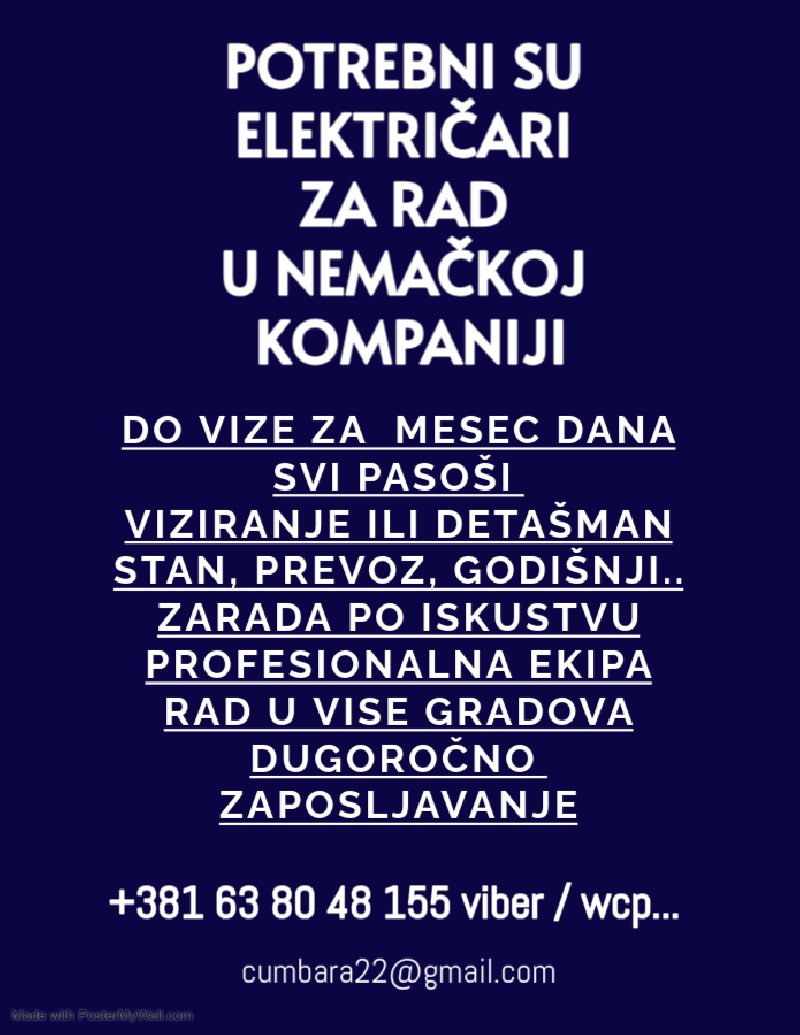 ZAPOŠLJAVAMO ELEKTRIČARE U NEMAČKOJ Slika 